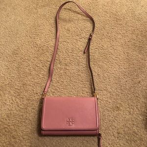 Tory Burch Thea Pink Leather Flat Wallet Crossbody Bag Purse